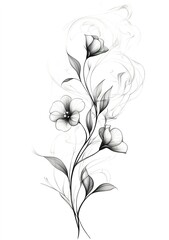 Tattoo design: a small flower vine with swirling smoke around it, a simple line drawing on a white background