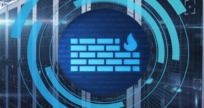 Image of circular scanner processing firewall data over server room