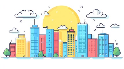 Colorful Cartoon Kids Drawing of Cityscape Skyline with sun, Isolated on Solid Background, New Beautiful Stock Image Illustration AI