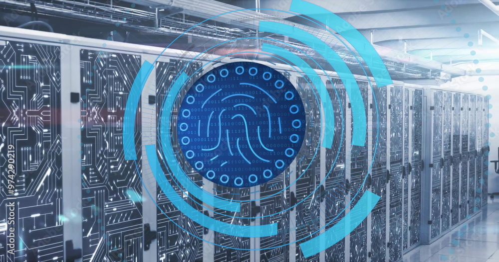 Poster image of biometric fingerprint scanner processing and network over server room
