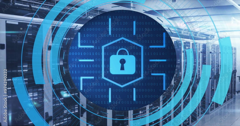 Poster Image of circular scanner with network security padlock icon over server room