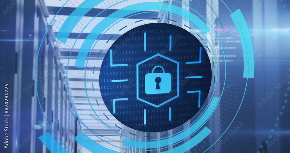 Poster image of circular scanner with network security padlock icon over server room