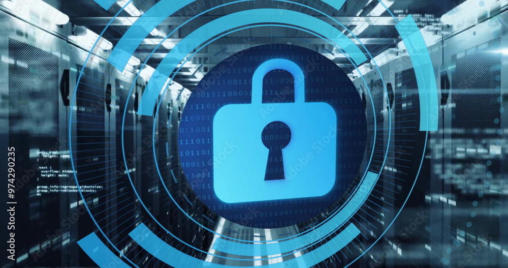 Poster Image of circular scanner with padlock security icon processing over server room