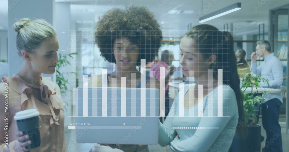 Poster image of financial data processing over diverse colleagues discussing work in office