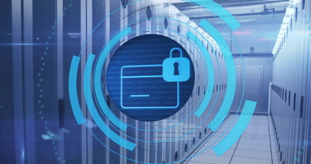 Image of circular scanner processing bank card with padlock icon over server room