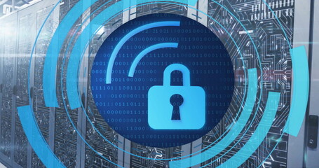 Image of circular scanner processing wifi with padlock icon over server room