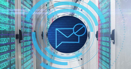 Image of circular scanner processing blocked mail message data over network server room