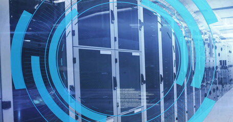 Image of circular scanner and data processing over server room