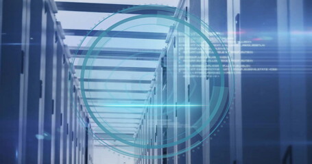 Image of circular biometric eye scanner and processing data over server room