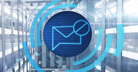 Image of circular scanner processing blocked mail message data over network server room