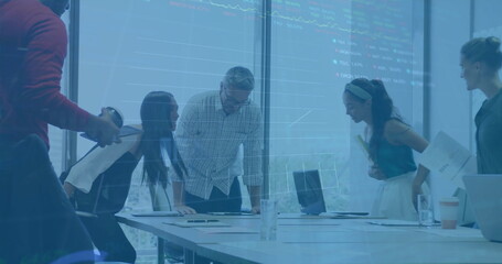 Image of financial data processing over diverse business people using laptop