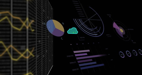 Image of network and charts processing data with green cloud icons on black background