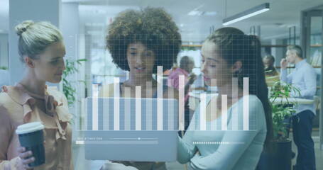 Image of financial data processing over diverse colleagues discussing work in office