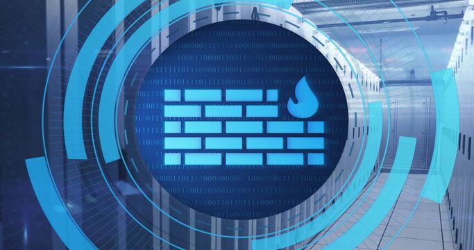 Image of circular scanner processing firewall data over server room