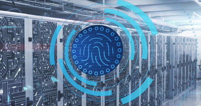 Image of biometric fingerprint scanner processing and network over server room