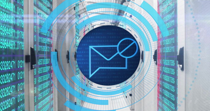 Image of circular scanner processing blocked mail message data over network server room