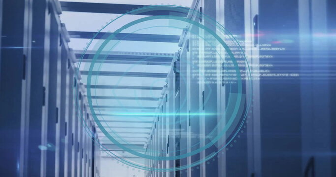 Image of circular biometric eye scanner and processing data over server room