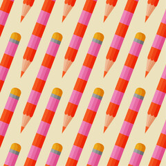 Seamless pattern of colored pencils on yellow background. Cute design for education, stationery decorative, gift wrapping and packaging. Vector illustration in flat style.