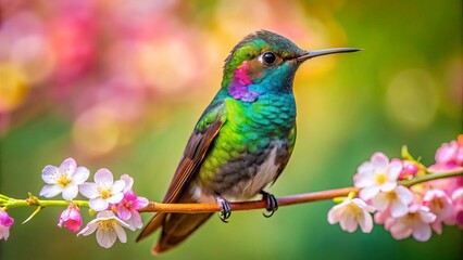 Naklejka premium Vibrant, iridescent hummingbird perches on a blooming flower branch against a soft, blurred green backdrop, its