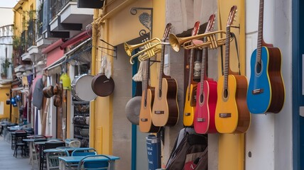 Naklejka premium Spanish Heritage: Musical instrument street decor