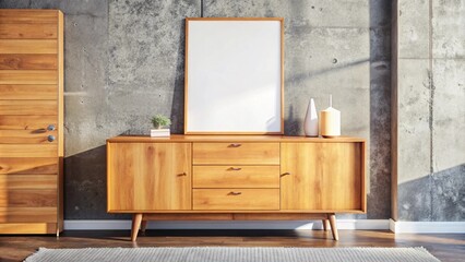 Wooden cabinet, dresser against concrete wall with empty blank mock up poster frame with copy space. Rustic home interior design of modern living room.
