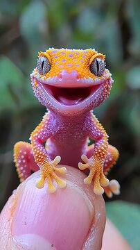 The world's smallest laughing colorful gecko, perched on someone's finger, is undoubtedly cute and charming.