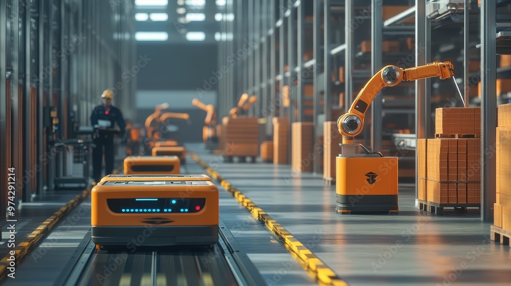 Poster automated warehouse operations: robotic arm and conveyor system