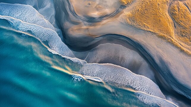 Sand and water create a beautiful abstract landscape when seen from above in Iceland.