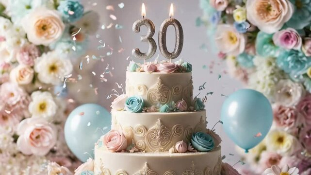 Delicious festive sweet cake with candle number 30, elegant flowers card holiday