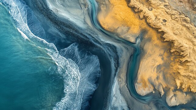 Sand and water create a beautiful abstract landscape when seen from above in Iceland.