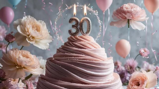 Delicious festive sweet cake with candle number 30, elegant flowers card holiday