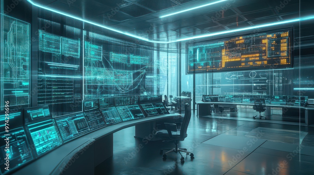 Poster futuristic tech control room with glowing interfaces and screens