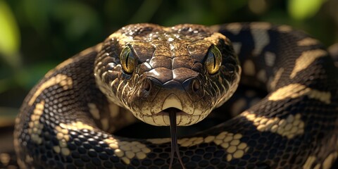 Fototapeta premium Macro shot of a coiled brown snake with detailed patterns and a piercing gaze