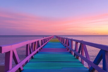 Obraz premium A brightly colored wooden boardwalk stretches over a calm beach