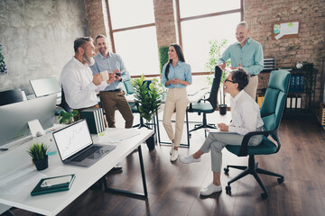 Full length photo of teamwork startup partners people coffee break friends comfortable nice...