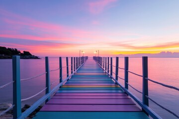 Fototapeta premium A brightly colored wooden boardwalk stretches over a calm beach