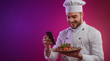 Chef in professional attire showcasing a beautifully plated dish while holding a smartphone. The vibrant lighting and modern setup create a stylish and innovative culinary scene.