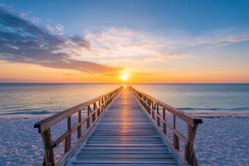 Obraz premium A brightly colored wooden boardwalk stretches over a calm beach