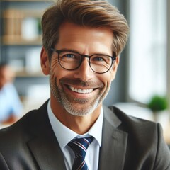 Fototapeta premium Happy middle aged professional business man, smiling mature executive ceo manager, 45 years old male entrepreneur, confident business owner wearing glasses in office. Headshot portrait. 