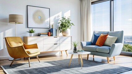 Fototapeta premium Orange and blue armchairs and white sofa against wooden cabinet. Scandinavian interior design of modern living room. 