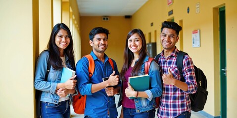 Indian College Students Posing with a Thumbs Up in Campus Hallway with Books in Hand