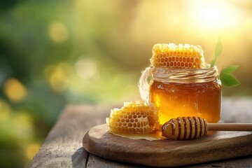 Natural organic honey in glass jar, honey dipper and honeycombs are near. Natural food background, ai