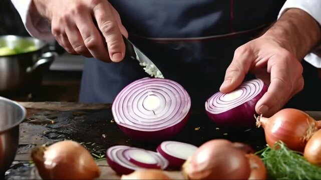 A cook chops onions for a soup High quality HD 4K video clips woman, knife, cook, cutting, meal, fresh, table, chopping, restaurant, cut, vegetables, preparing, people, dinner, plate, onion, chicken, 