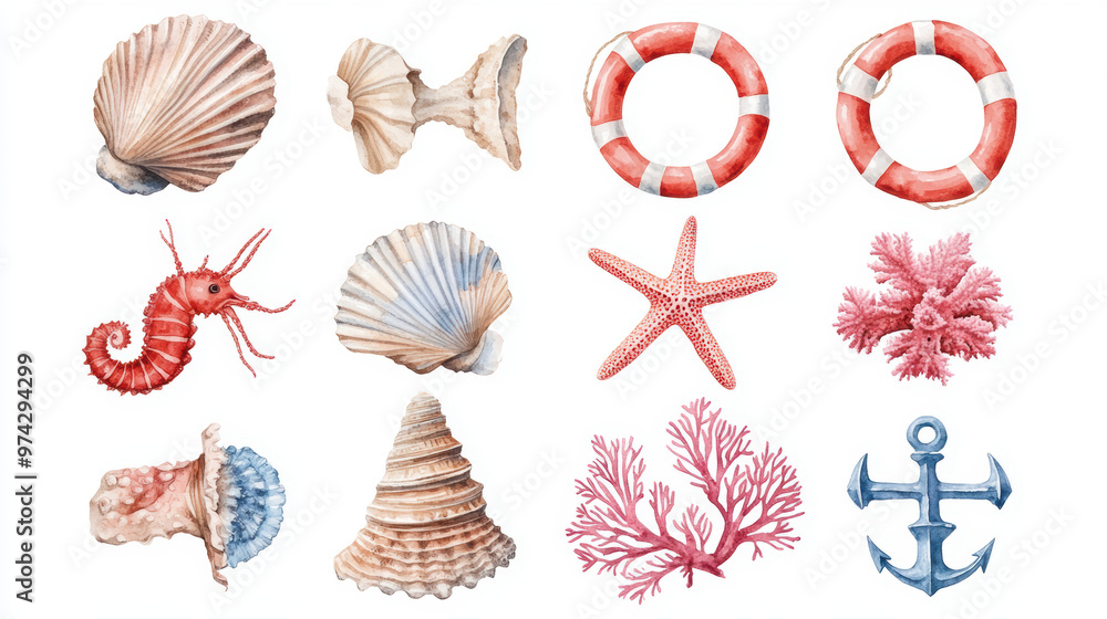 Wall mural watercolor seashells set.