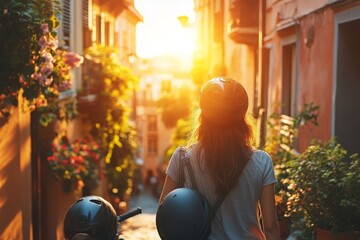 Woman in a Helmet Walks Toward the Setting Sun in a City