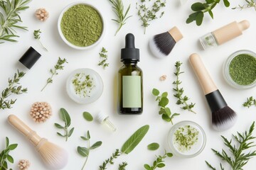 Natural Beauty Products with Green Herbs and Sprays on White