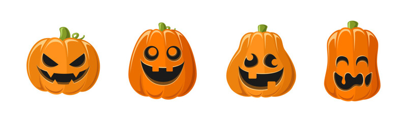 Cute Jack O Lantern with Different Shapes and Funny Facial Expressions Set. Creepy Spooky Halloween Pumpkin, Fall Autumn Decor Illustration Collection.