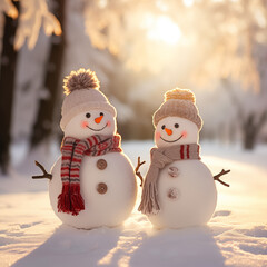 Obraz premium Cute childlike snowmen with hats and scarves in a festive, smiling winter scene.