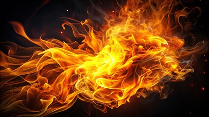 Fototapeta premium Vibrant orange and yellow flames erupt from a dark background, with delicate tendrils and wisps spreading outward,