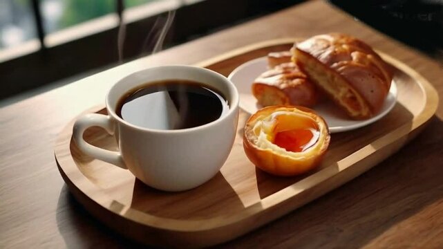 Cup of coffee and breakfast in wooden tray HD Video clip coffee, breakfast, food, cup, tea, drink, cake, sweet, dessert, white, bread, pastry, plate, snack, meal, table, hot, baked, morning, bun, croi